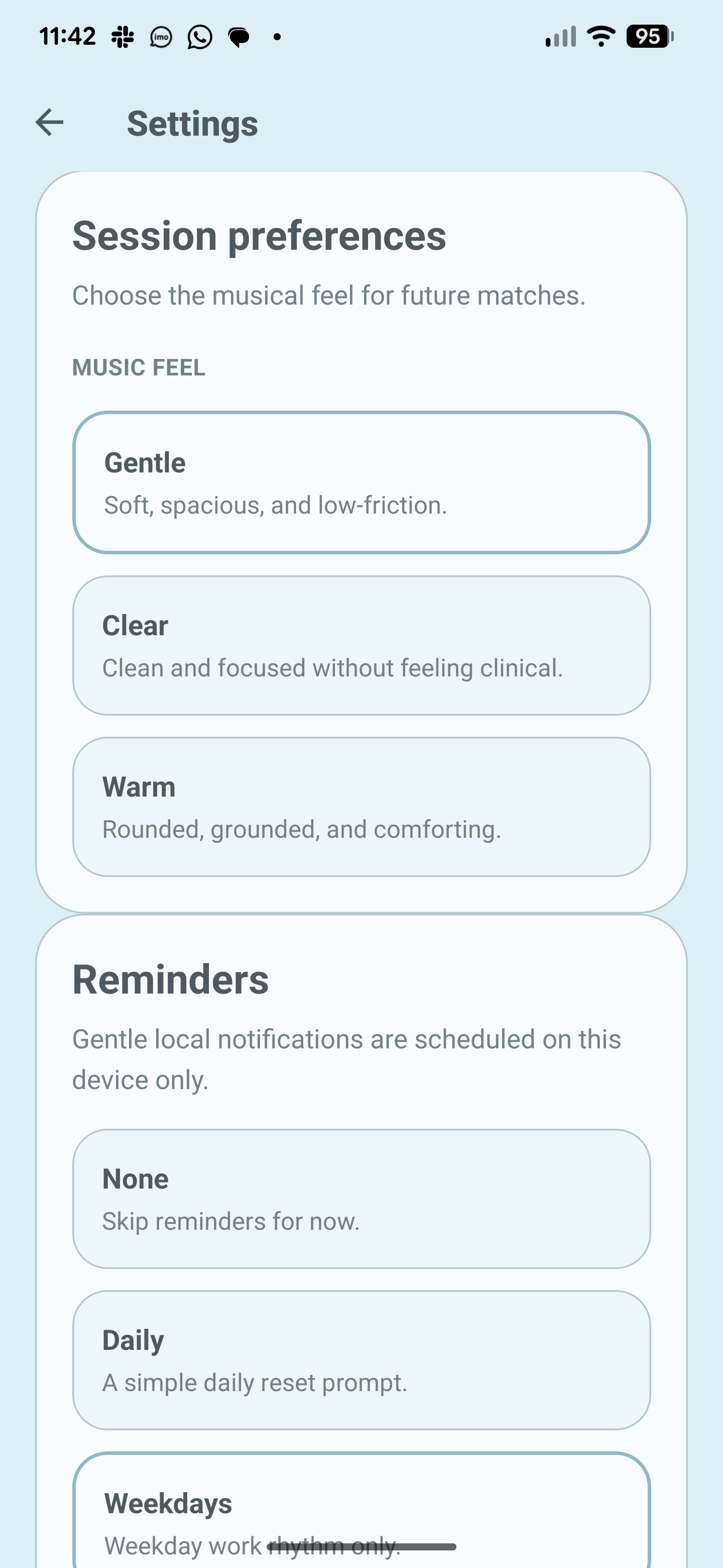 Piano Escapes settings screen with music feel and reminder preferences